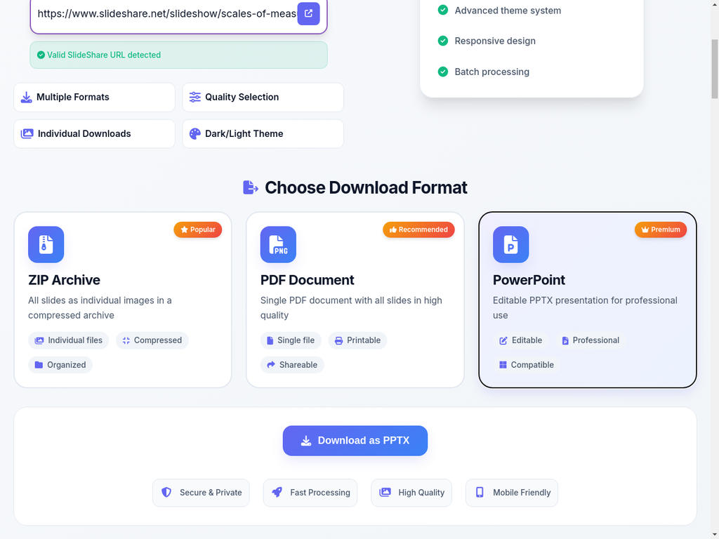 Download interface with format options
